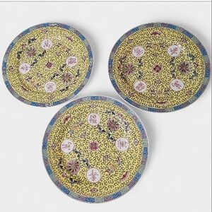 Set of 3 Vintage Jingdezhen Mun Shou Longevity  Famille Rose 10" Dinner Plates